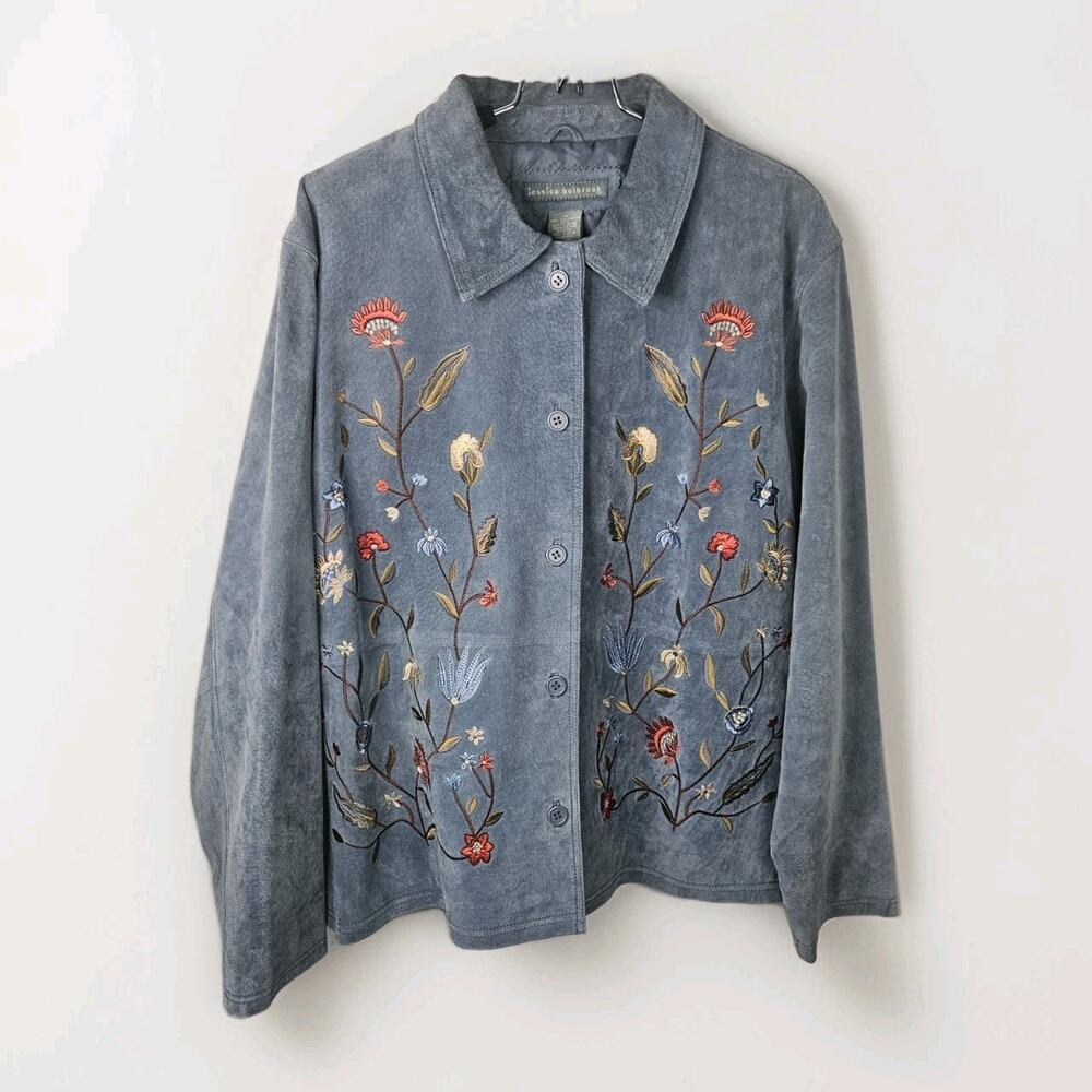 Jessica Holbrook Jacket Womens 1X Blue Suede Leather Floral Embroidered Artsy